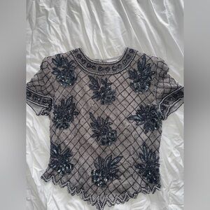 Papell Boutique Charcoal and Black Beaded Blouse